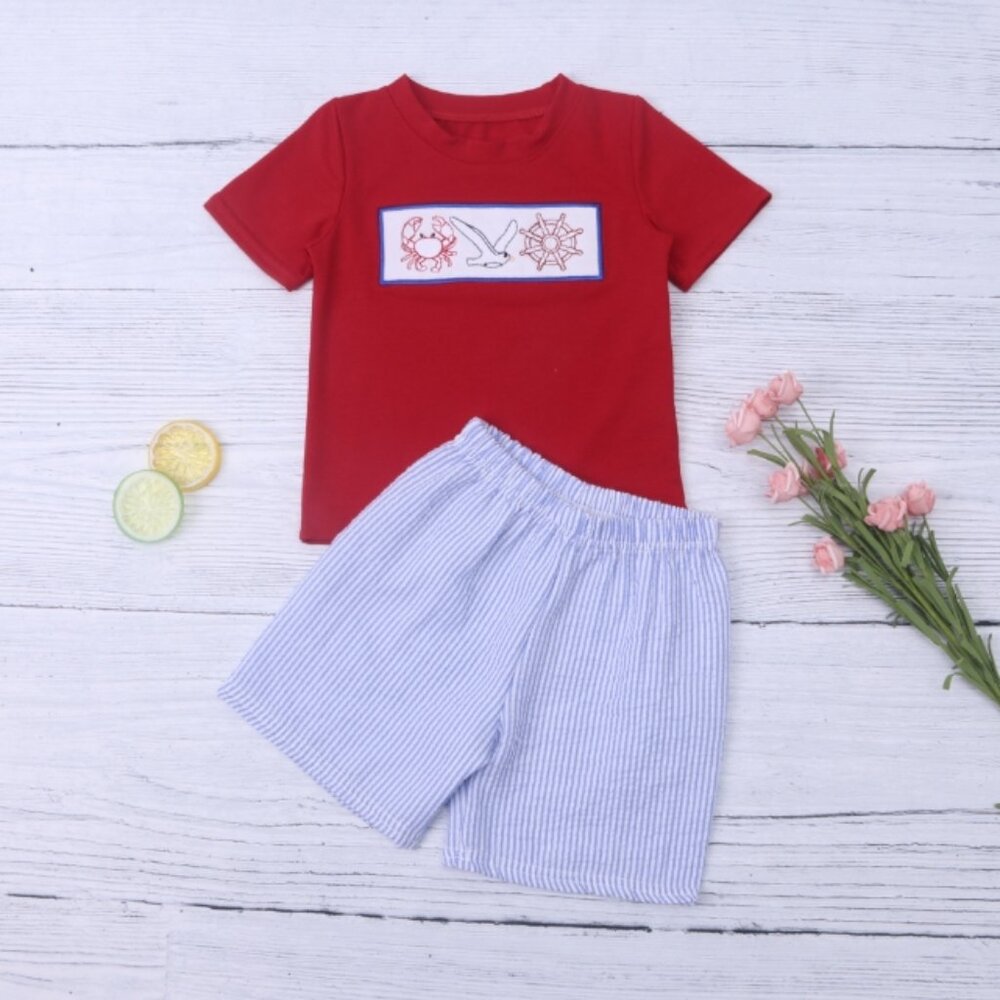 Boutique Crab Sailing Ocean Boys Short Sleeve Shirt & Shorts Outfit Set